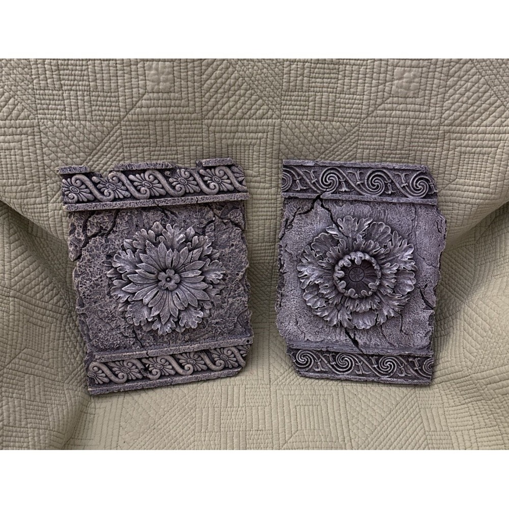C&K Floral Wall Plaques Set of 2 Tuscan Old World Stone Look Decor 9.25 x 7.5"